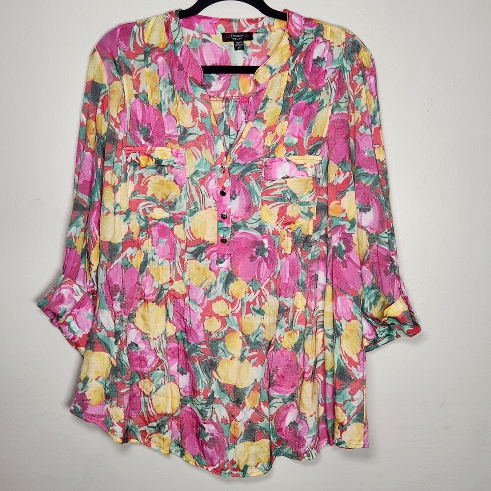 Cocomo Womens 2X Pink Yellow Floral Pleated Roll Tab Sleeve Popover Top